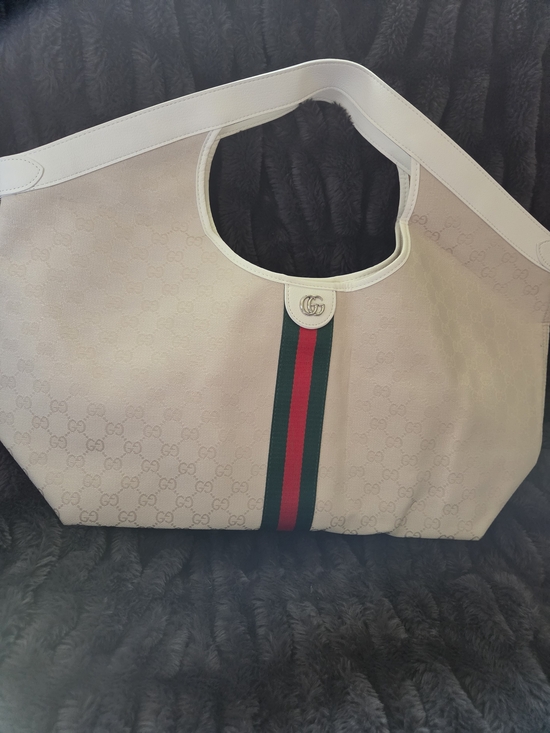 None Handbags - Oversized White Canvas Tote with Signature Web Stripe